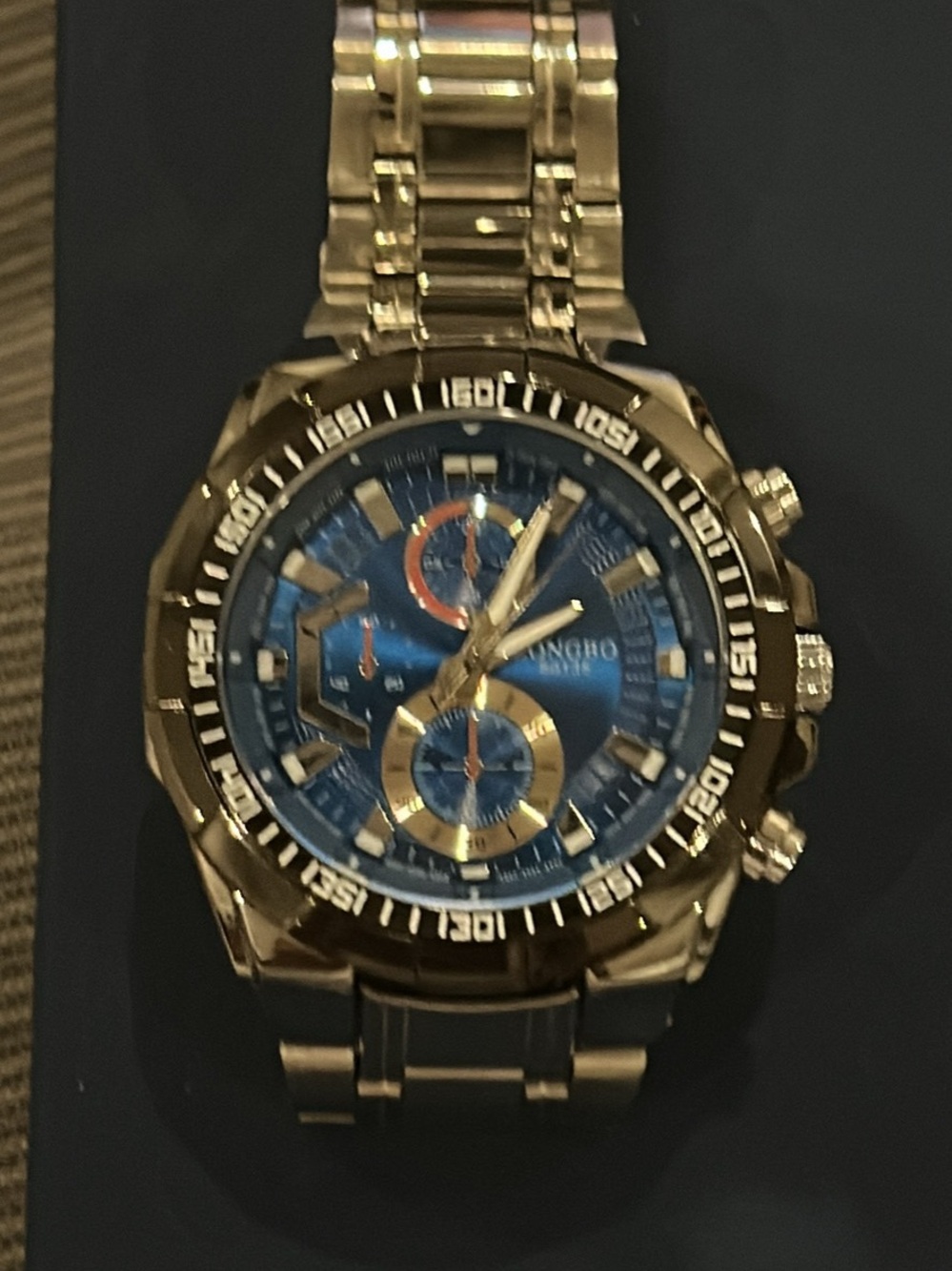 Men's Gold-Tone Stainless Steel Chronograph Watch with Blue Dial